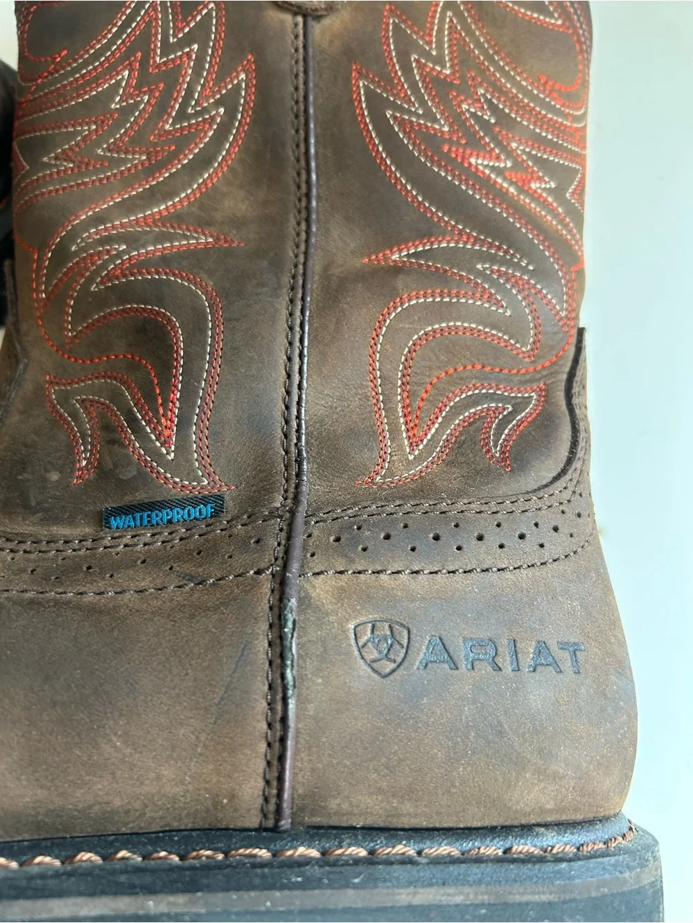 Ariat Men’s Brown Leather Western Boots with Red Stitching 11